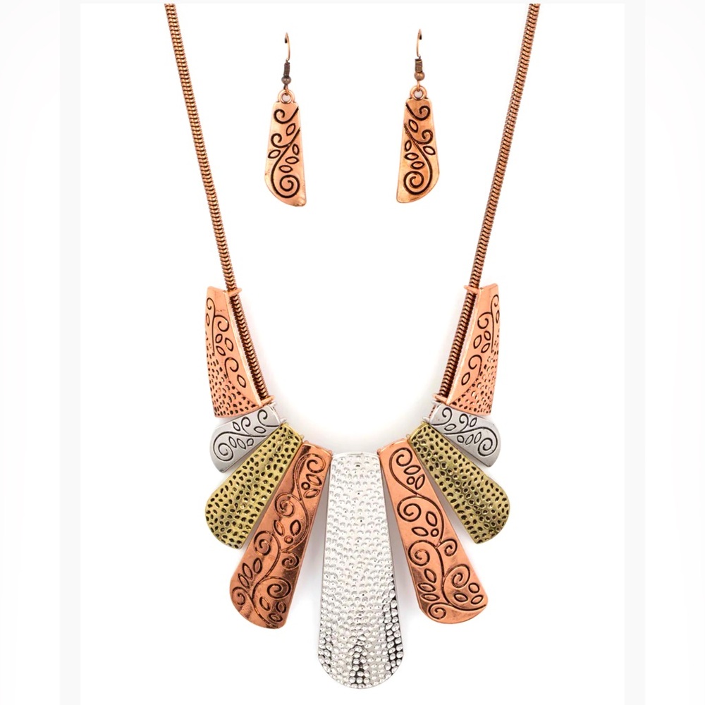 NWT. Paparazzi Multicolored Necklace & earrings set. Copper, silver & brass tone